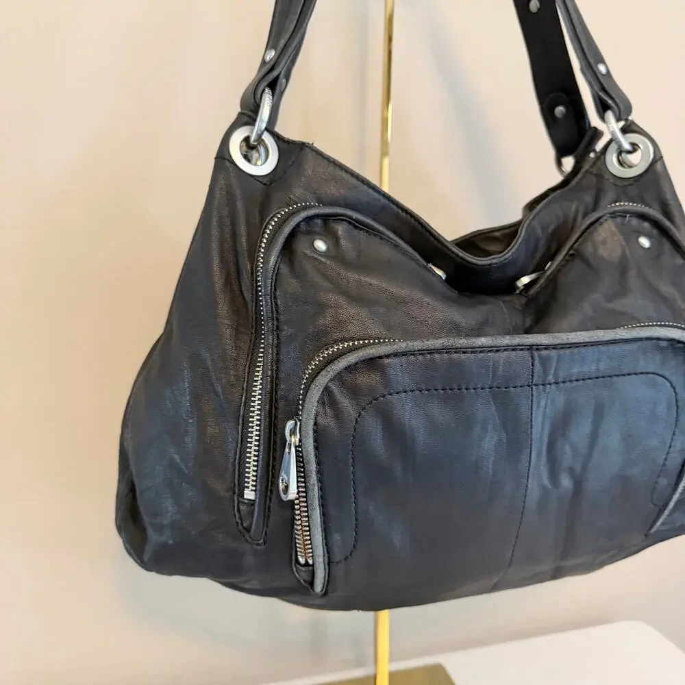 Perlina Hobo Shoulder Bag OS Black Leather Multi Pocket Shoulder Purse Slouchy